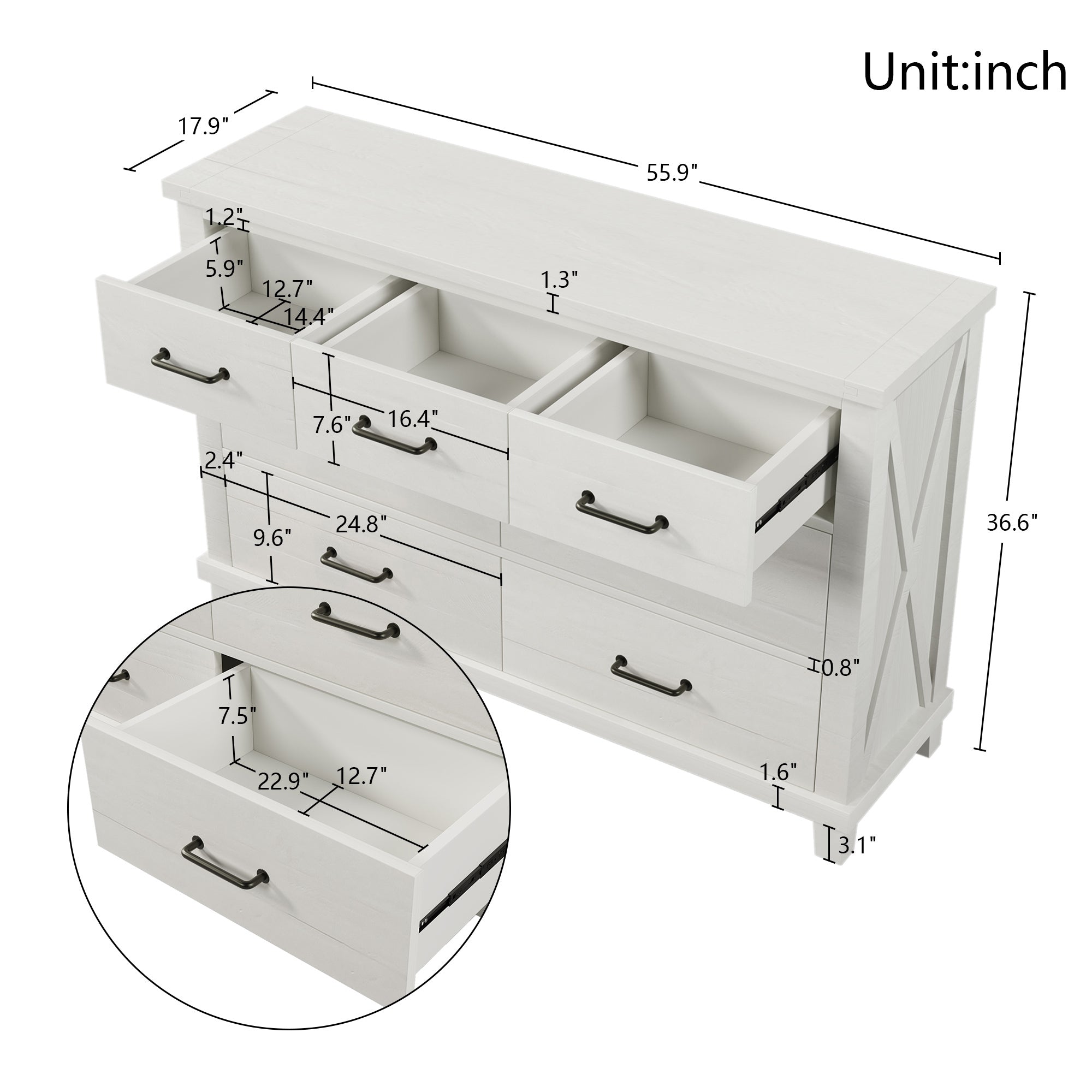 Rustic Farmhouse Style Solid Pine Wood Seven-Drawer Dresser - White