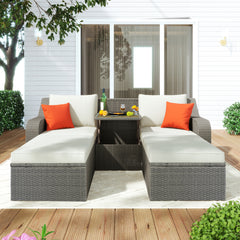 Patio Furniture Sets, 3-Piece Patio Wicker Sofa with  Cushions, Pillows, Ottomans and Lift Top Coffee Table - Beige