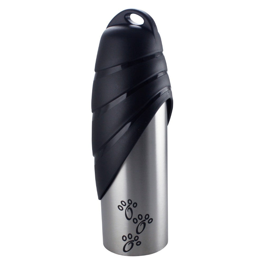 Fin Cap Pet Travel Water Bottle in Stainless Steel, Large - Silver and Black