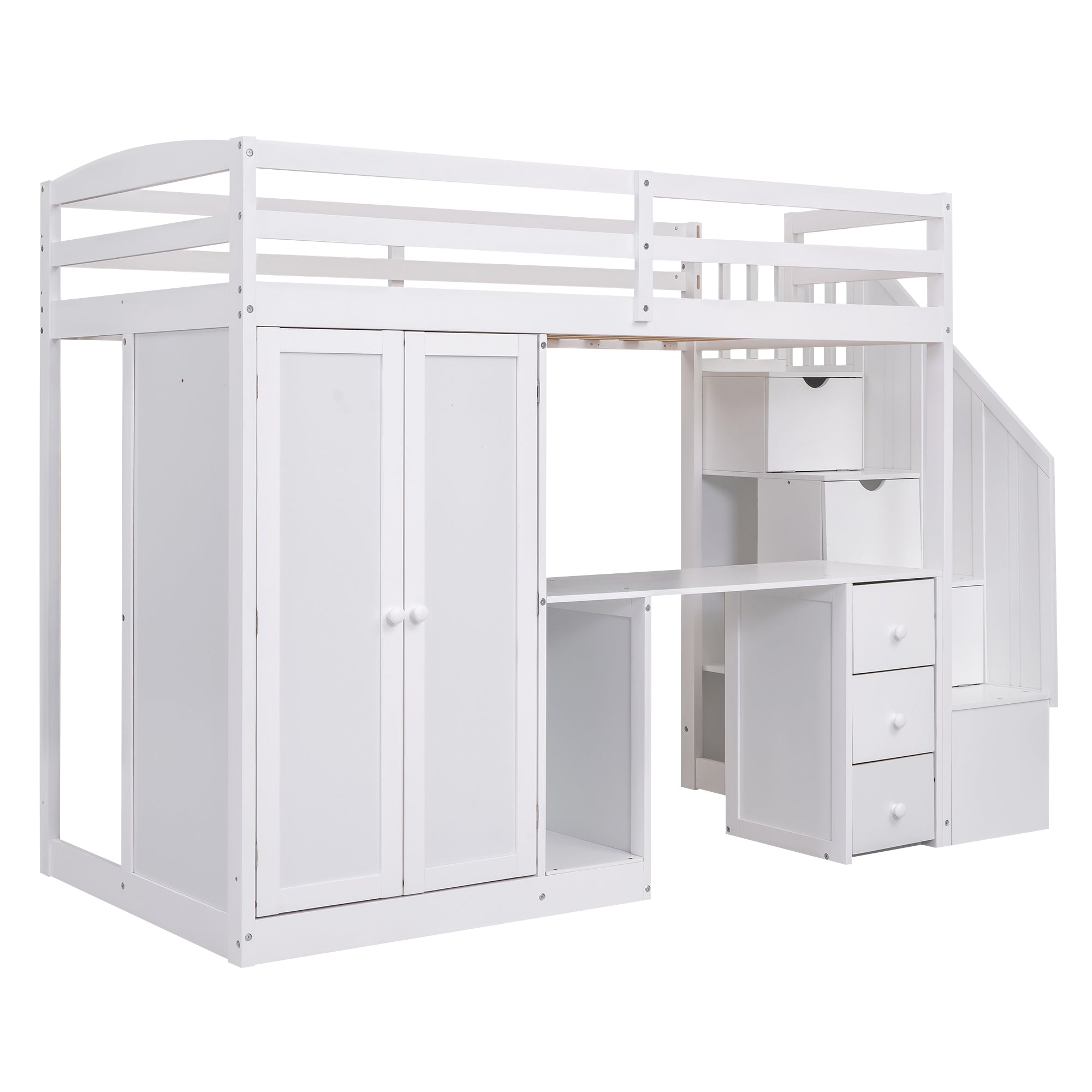 Twin Size Loft Bed with Wardrobe and Staircase - White