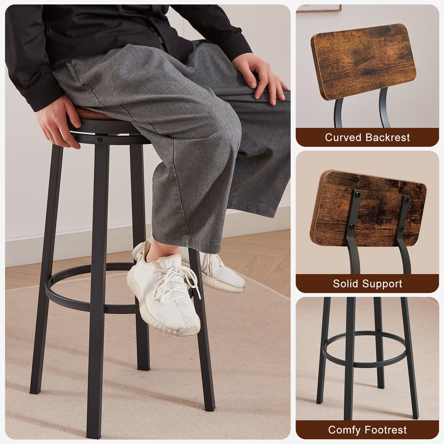 High Bar Stool With Backrest PU Soft Seat Cushion and Footrest (Set of 2) - Rustic Brown