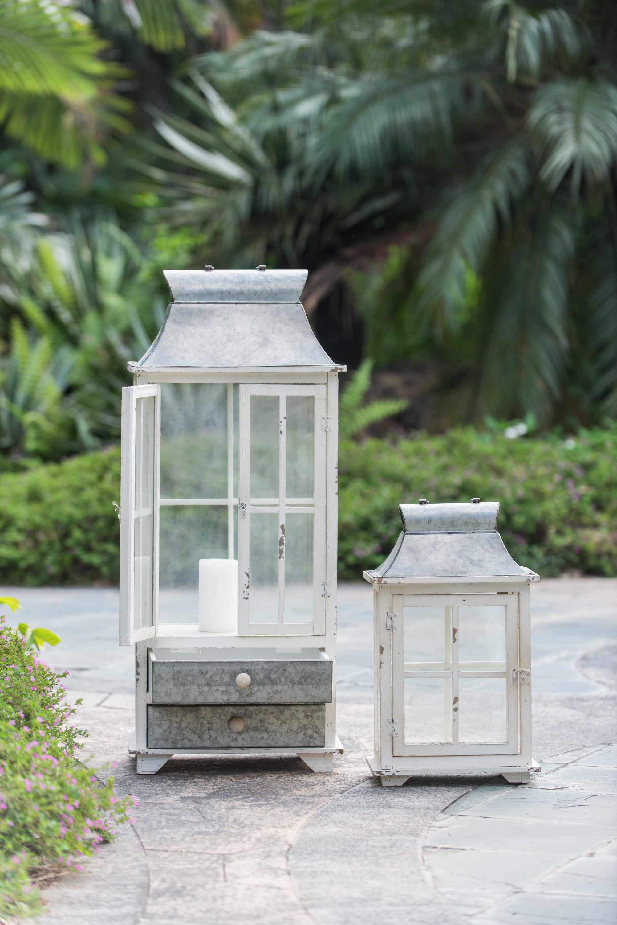 Wooden Candle Lantern Decorative (Set of 2) - Ivory