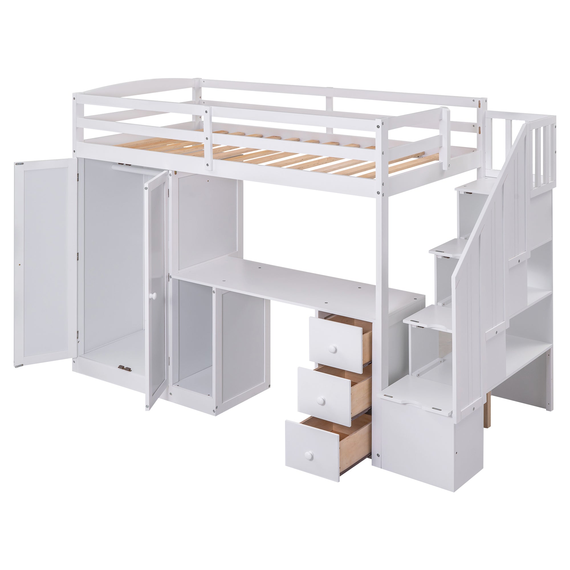 Twin Size Loft Bed with Wardrobe and Staircase - White