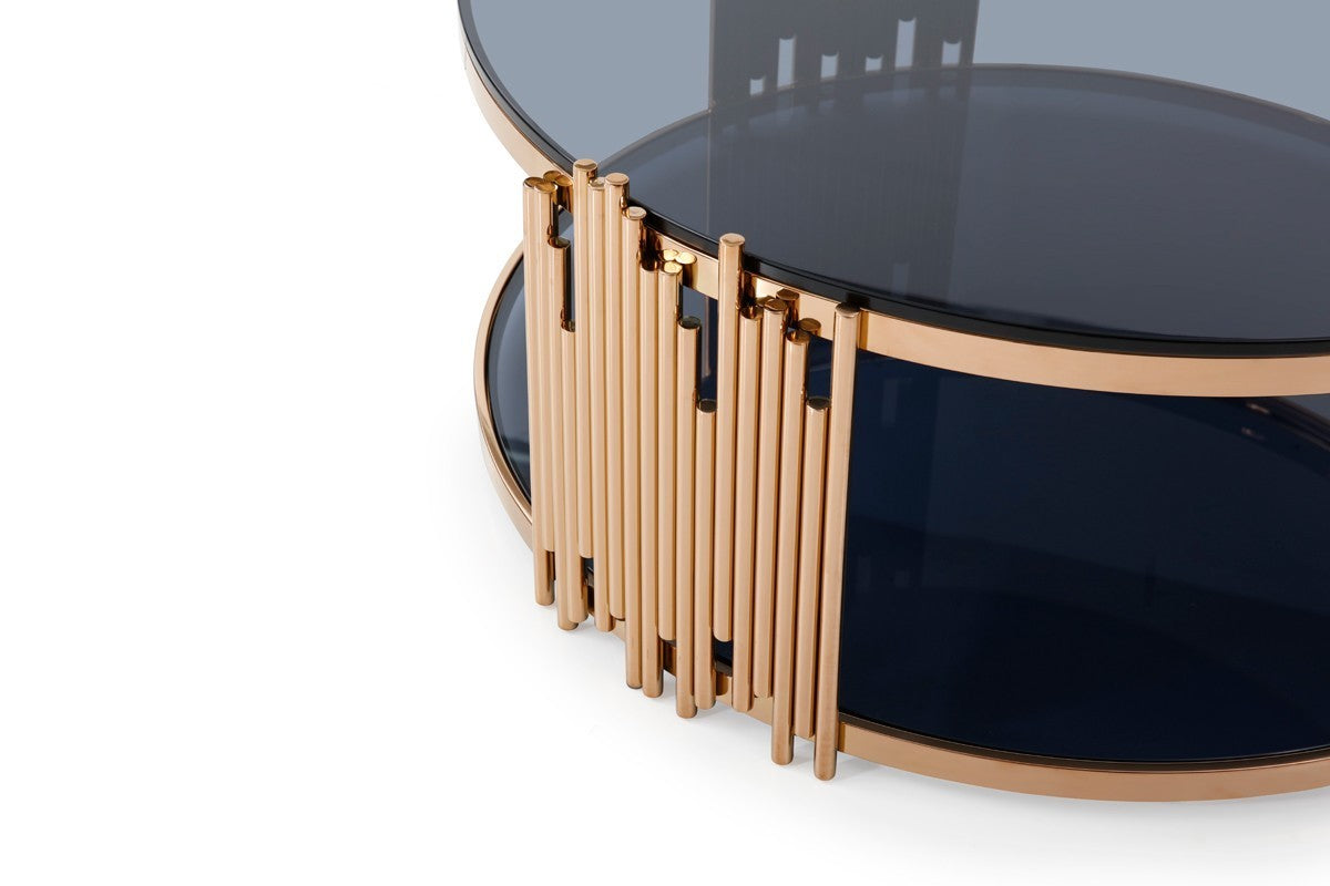 Modern Smoked Glass & Rose Gold Round Coffee Table