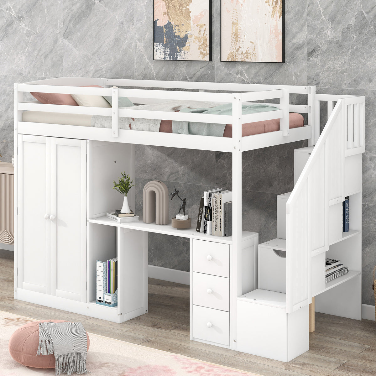 Twin Size Loft Bed with Wardrobe and Staircase - White