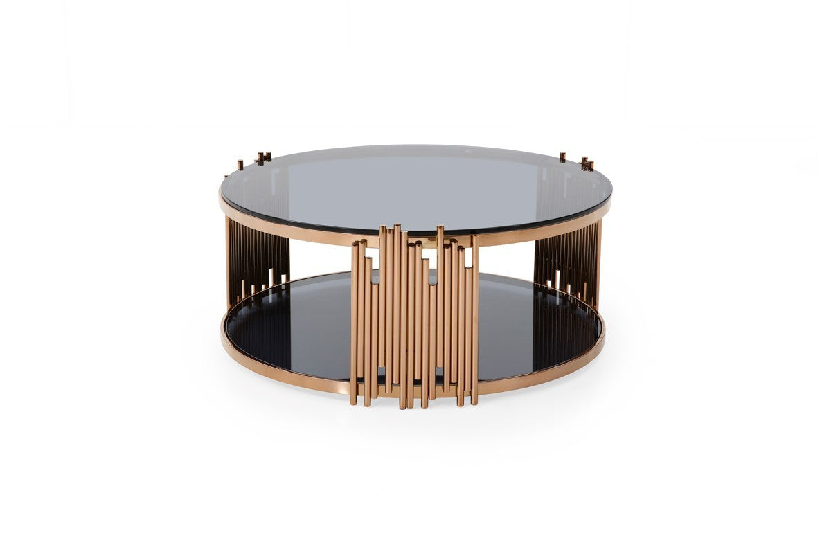 Modern Smoked Glass & Rose Gold Round Coffee Table