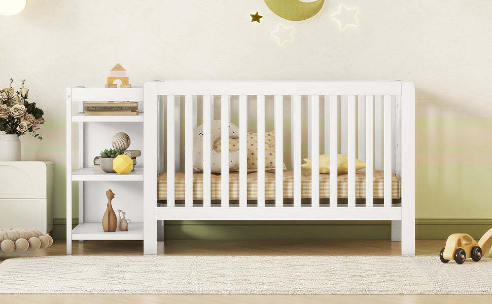 Convertible Crib/Full Size Bed with Changing Table - White