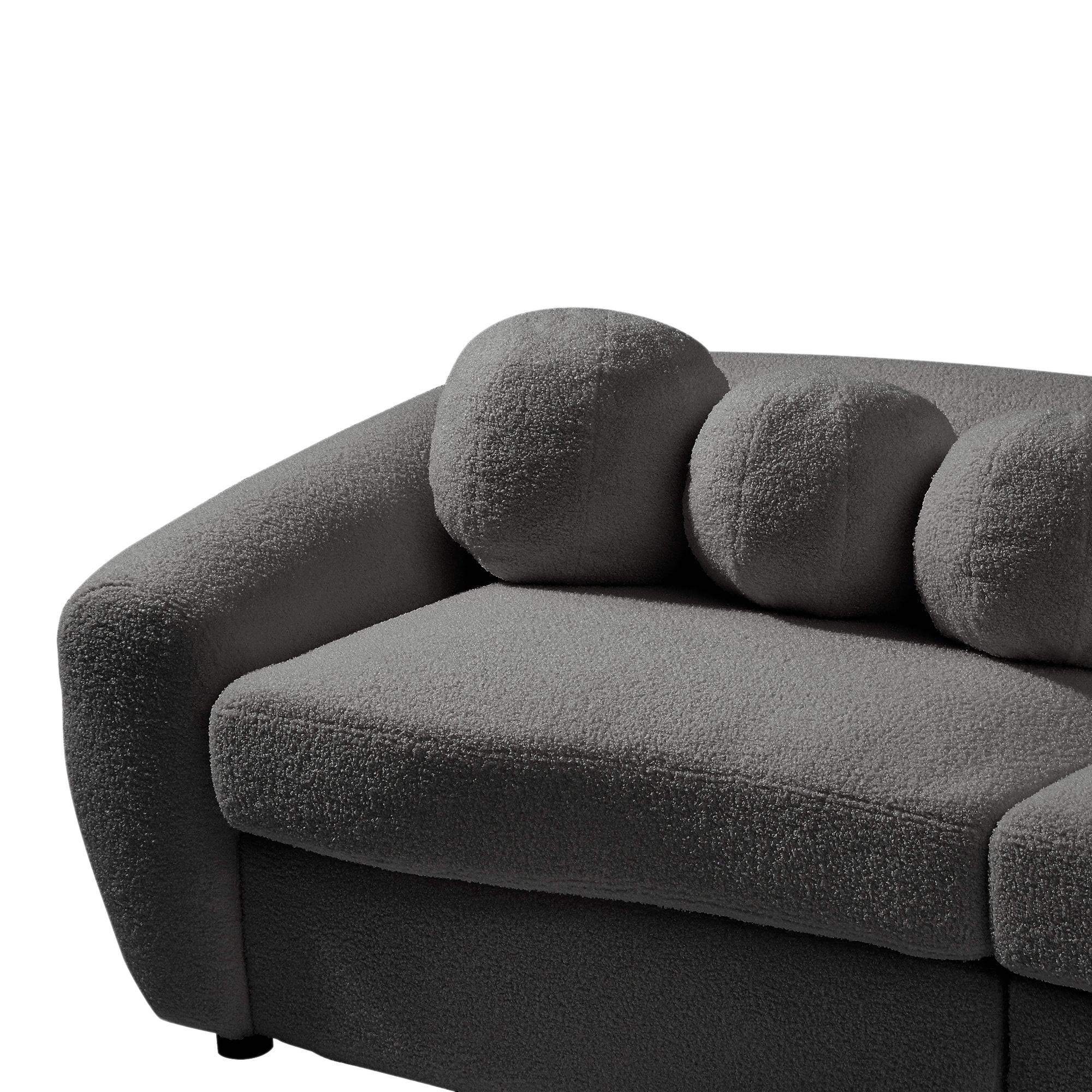 87.7" Modern Curved Sofa, Back Upholstered Couch with 5 Decorative Throw Pillows, Teddy Grey