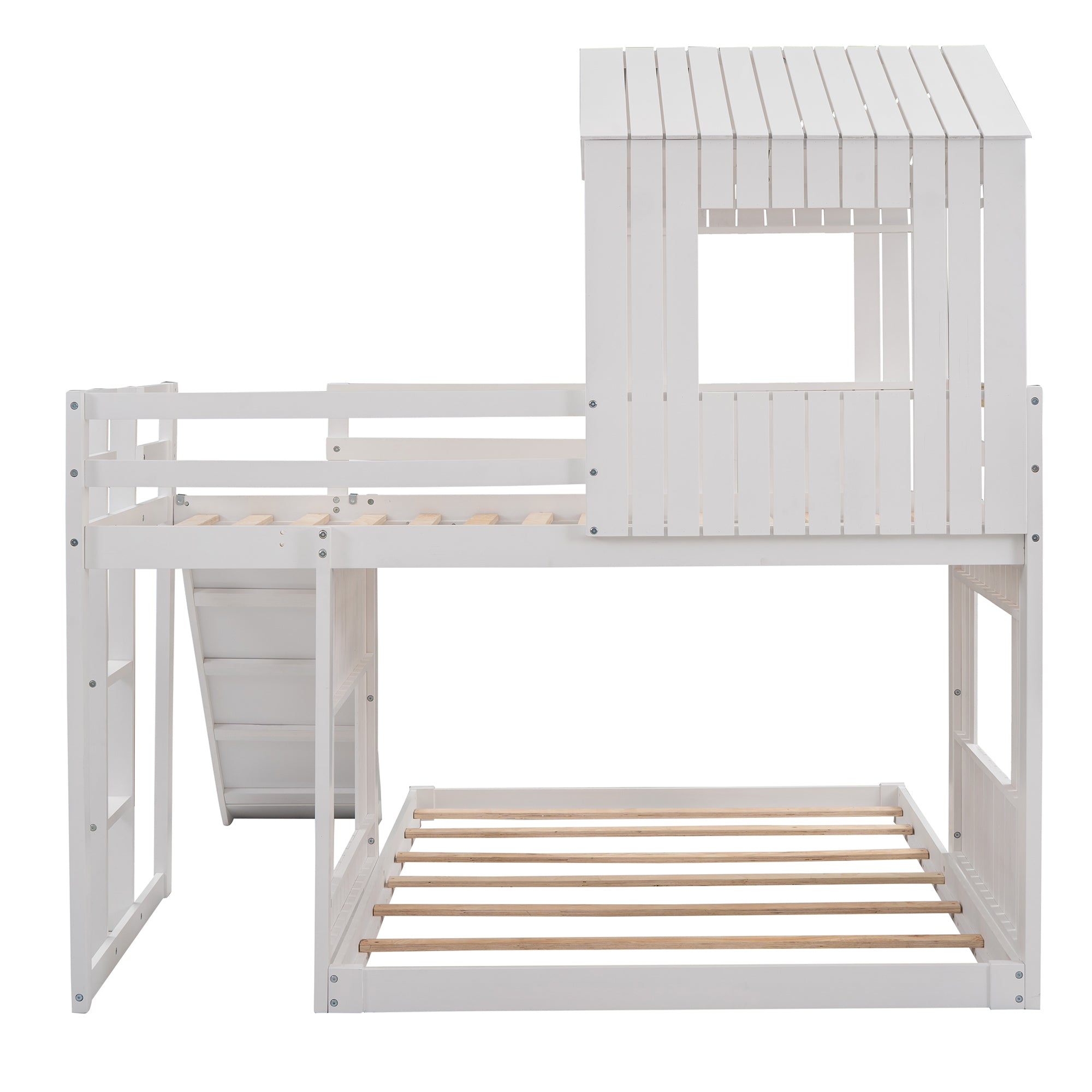 Farmhouse Wooden Twin Over Full Bunk Bed, Loft Bed with Playhouse - White