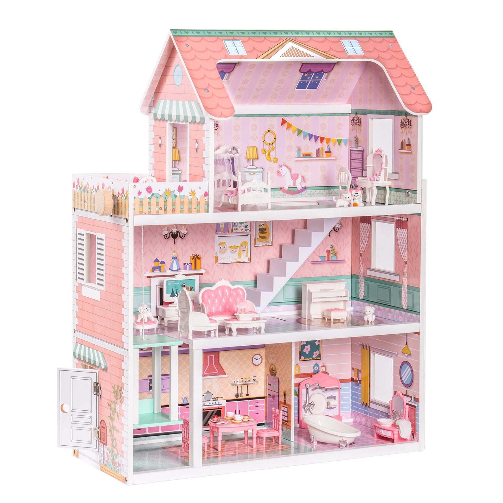 Wooden Dollhouse for Kids with 24 pcs Furniture for Kids