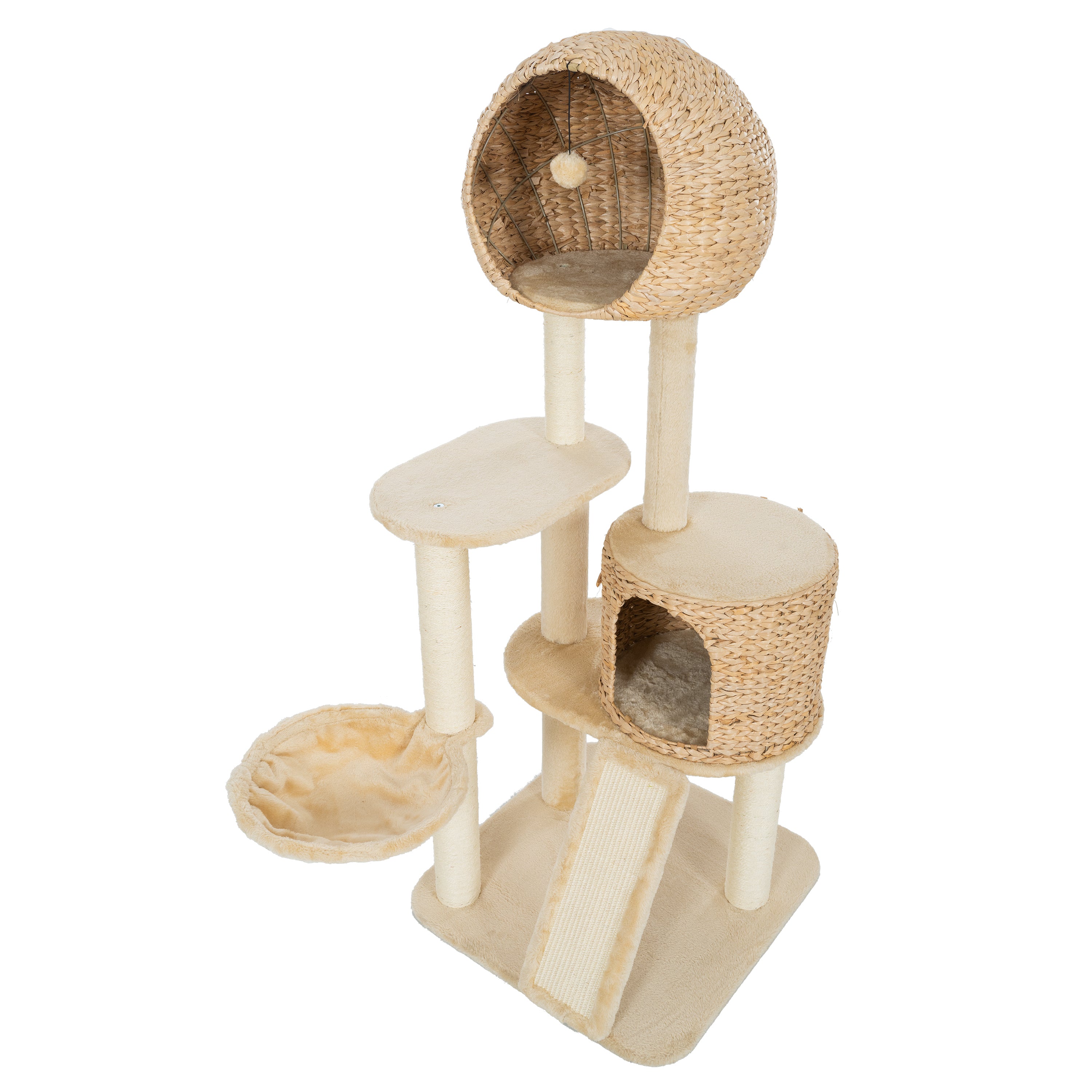 Cat Tree, 59-Inch Cat Tower for Indoor Cats, Plush Multi-Level Cat Condo with 2 Perches, 2 Caves, Cozy Basket and Scratching Board - Beige