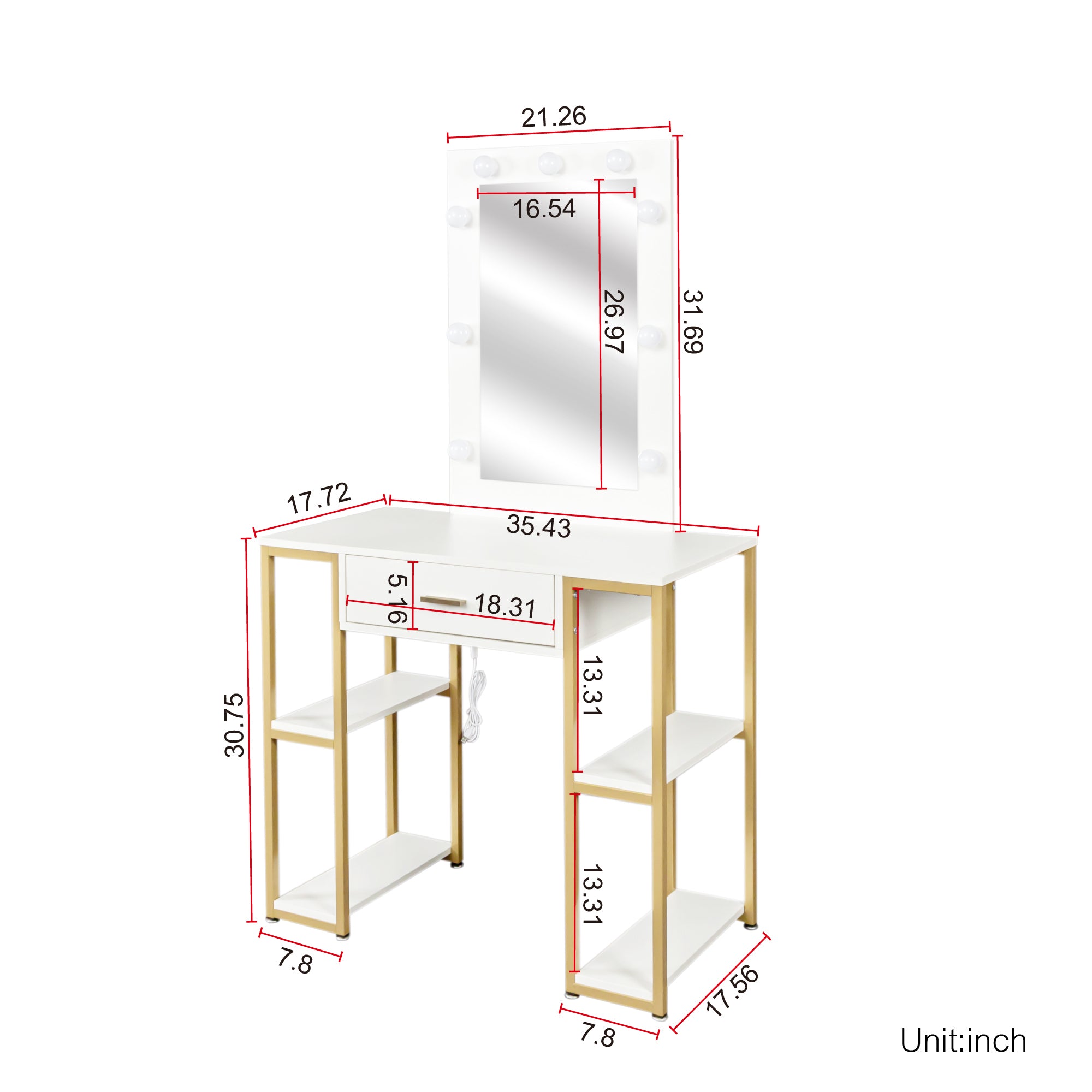 Modern Vanity 9 LED Lights illuminate Makeup Mirror, Adjustable Brightness - White