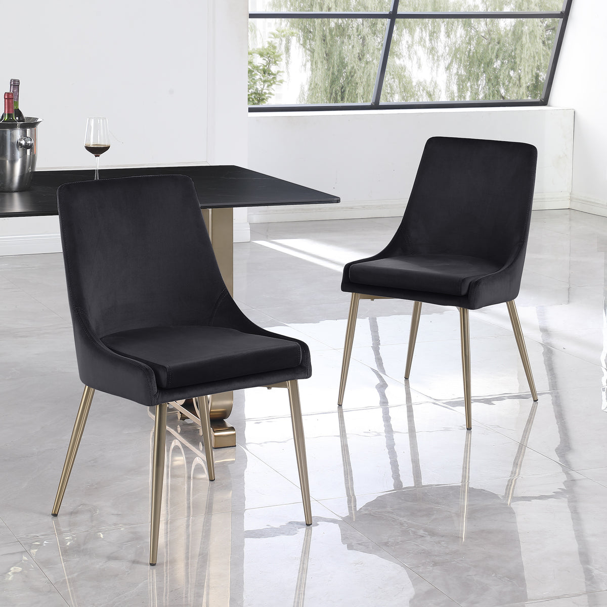 Contemporary Velvet Upholstered Dining Chair with Sturdy Metal Legs (Set of 2) - Black