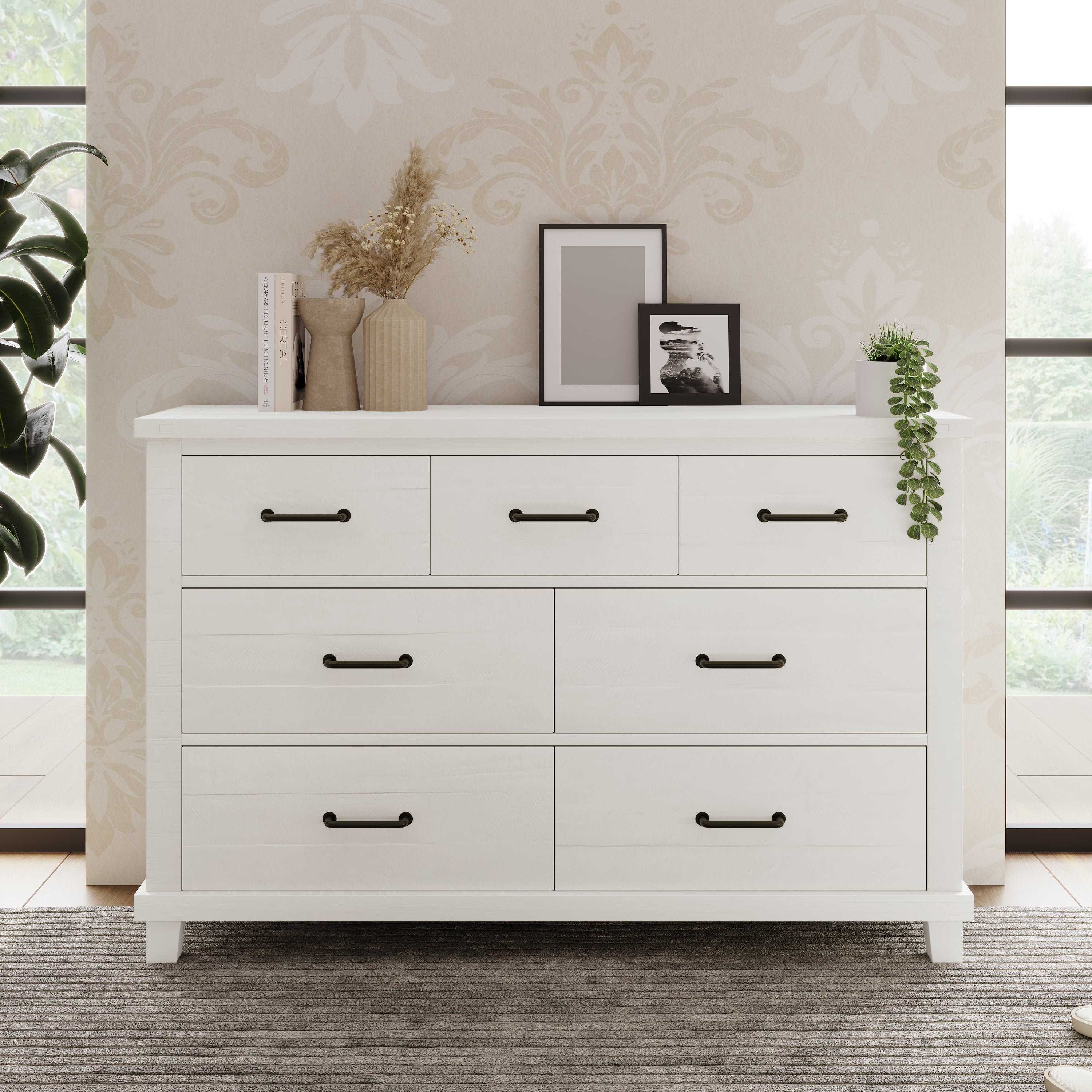 Rustic Farmhouse Style Solid Pine Wood Seven-Drawer Dresser - White