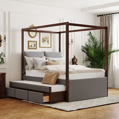 Full Size Upholstered  Canopy Bed with Trundle and 3 Drawers - Gray