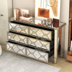 Elegant Mirrored 6-Drawer Dresser with Golden Lines Storage Cabinet