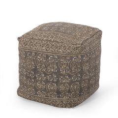 Boho Handcrafted Taupe Fabric Cube Pouf