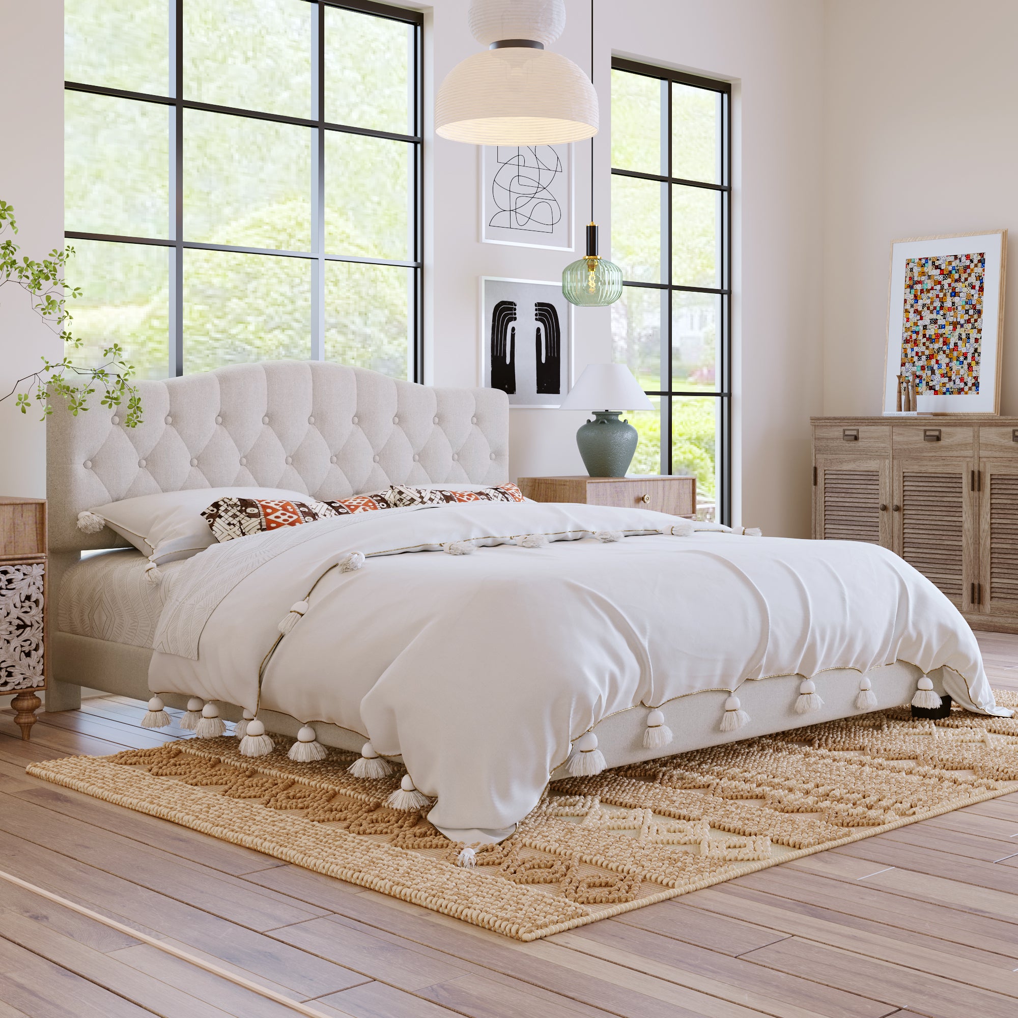 Upholstered Platform King Bed with Saddle Curved Headboard and Diamond Tufted Details - Beige