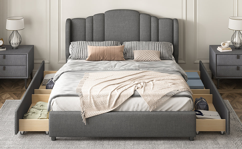 Queen Bed Upholstered Platform with Wingback Headboard and 4 Drawers - Grey