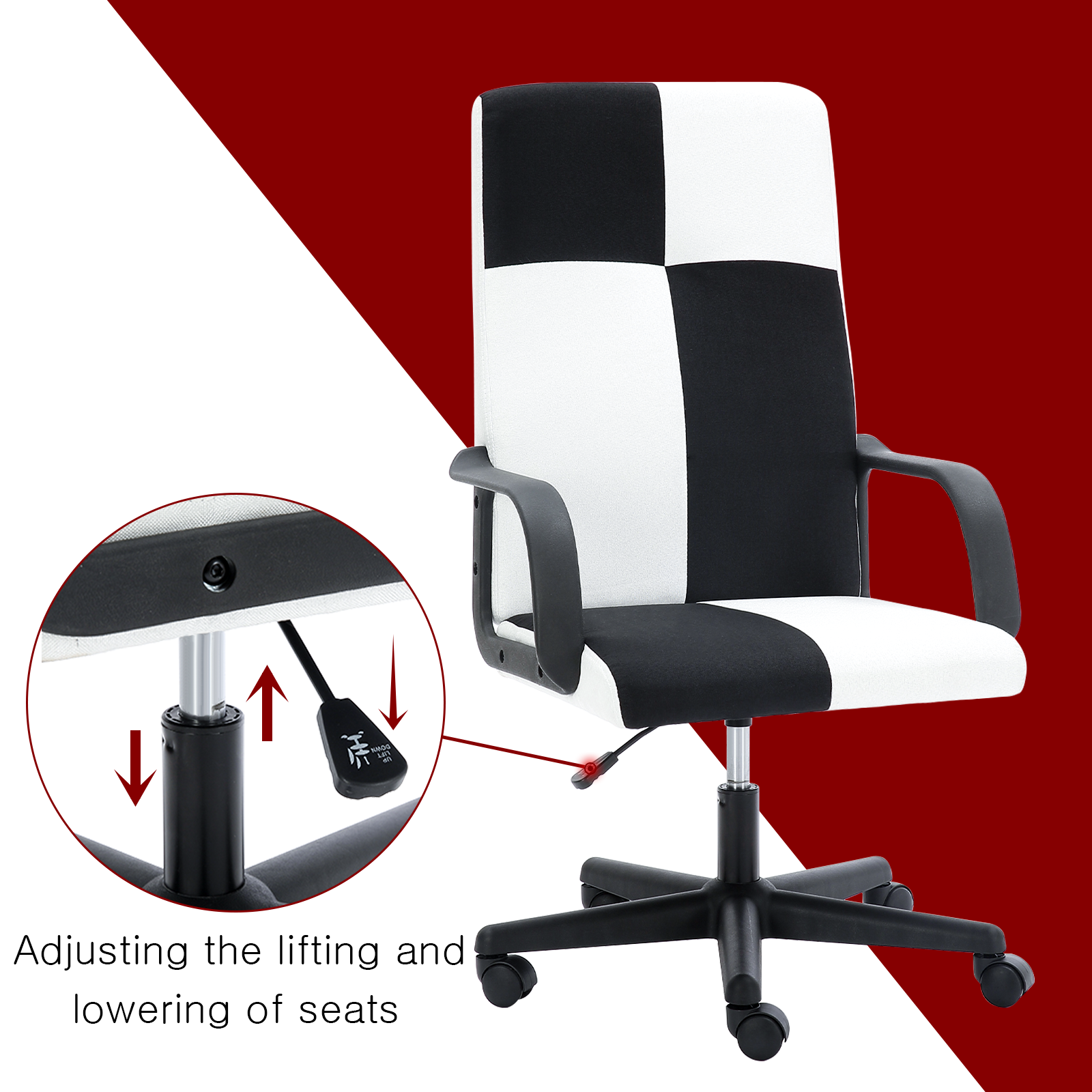 Chessboard office chair with adjustable backrest armrest- Black and White