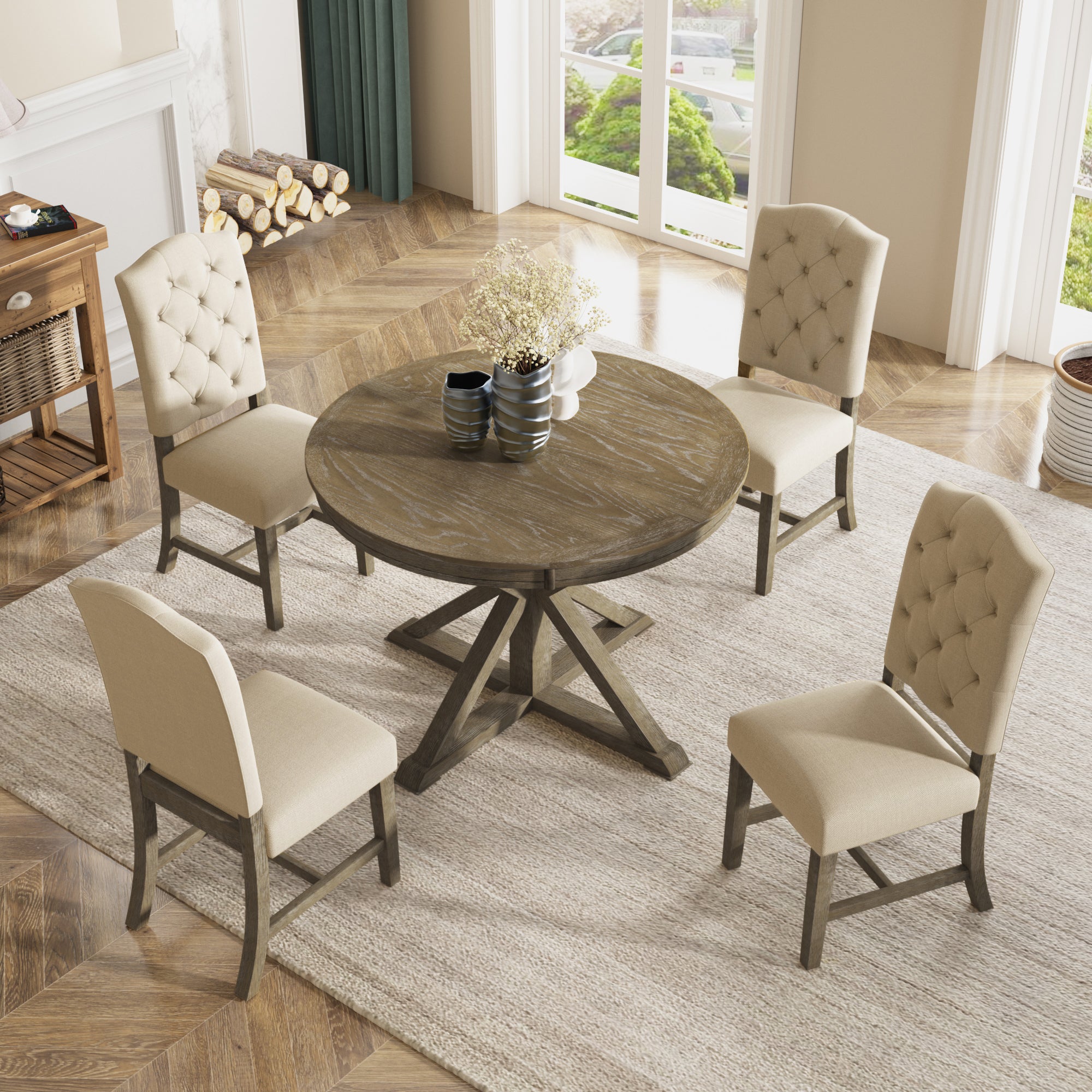 Retro Style Dining Table Set with Extendable Table and 4 Upholstered Chairs- Natural Wood Wash