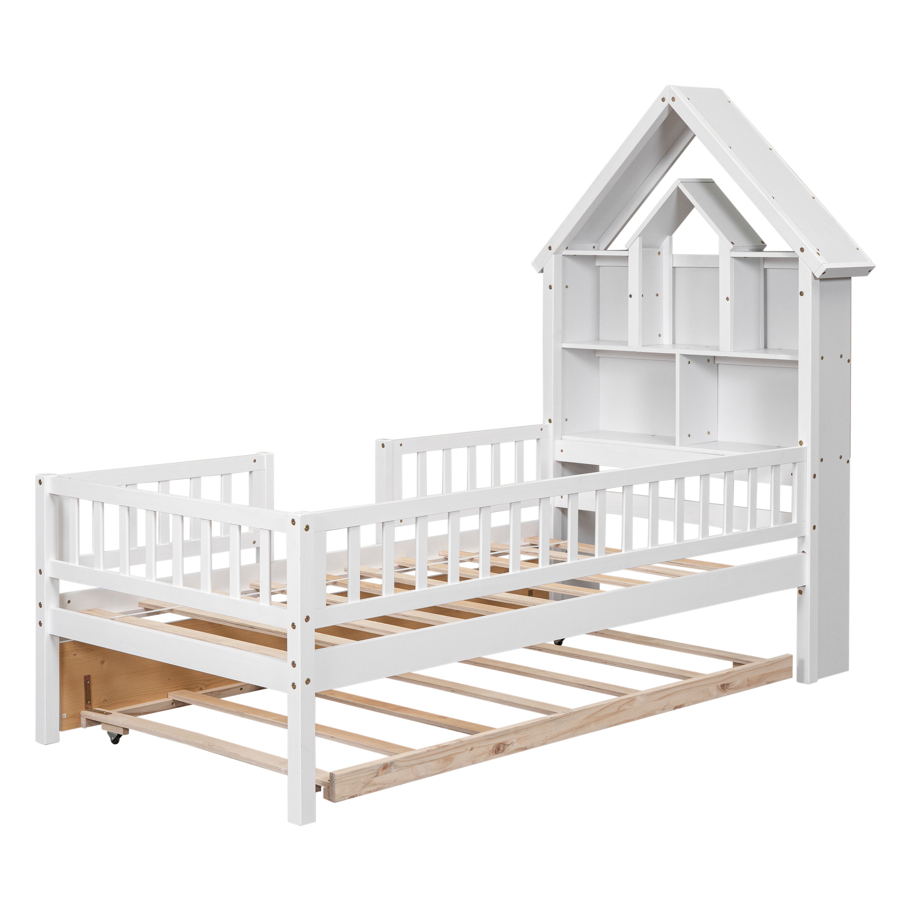 Twin Size DollHouse-Shaped Headboard with Fence Guardrails and Trundle - White