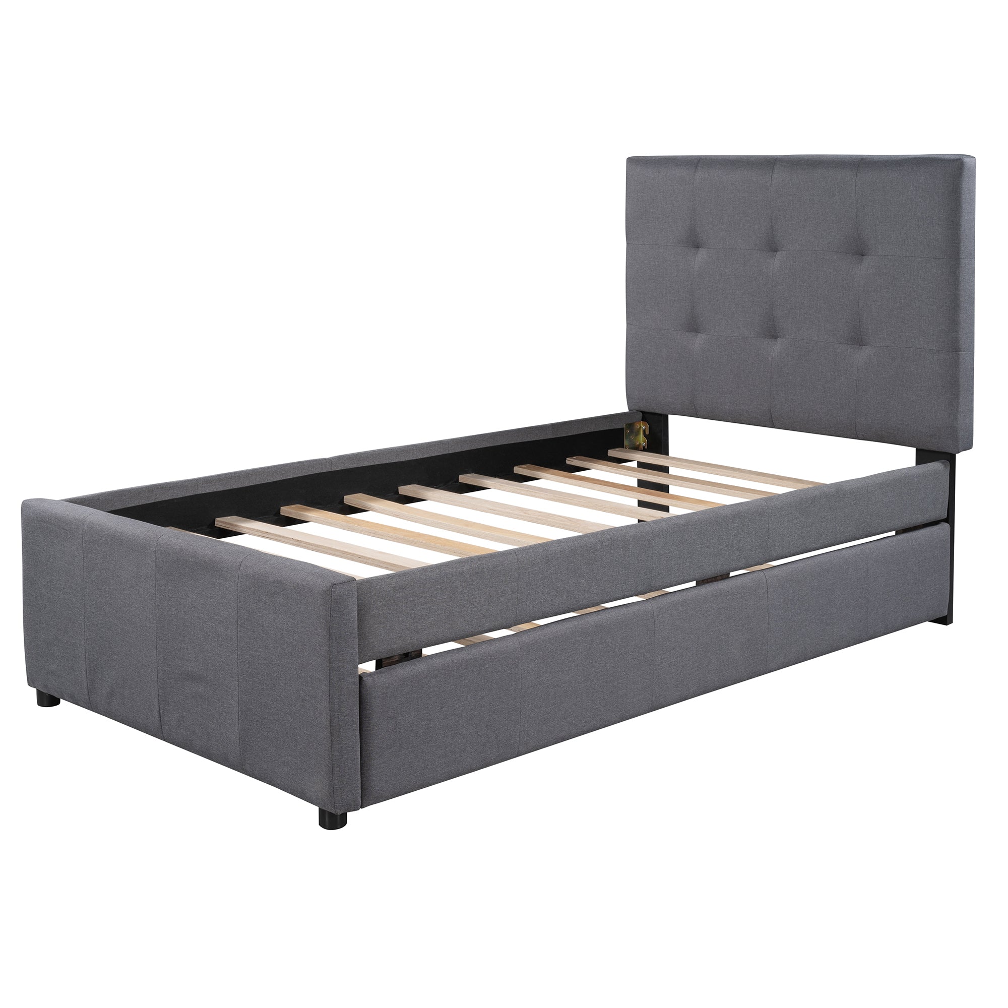 Twin Size Linen Upholstered Platform Bed With Headboard and Trundle - Grey