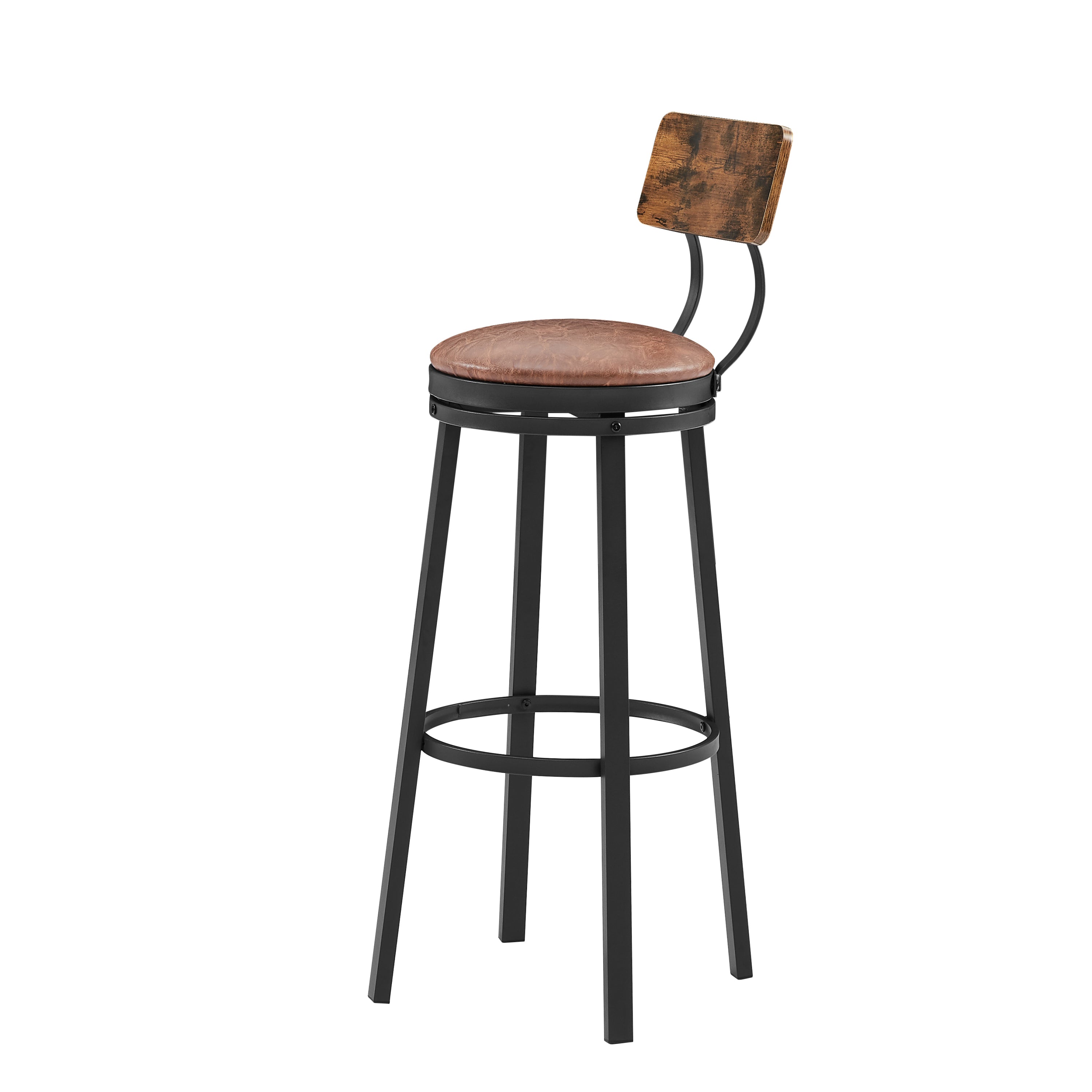 High Bar Stool With Backrest PU Soft Seat Cushion and Footrest (Set of 2) - Rustic Brown