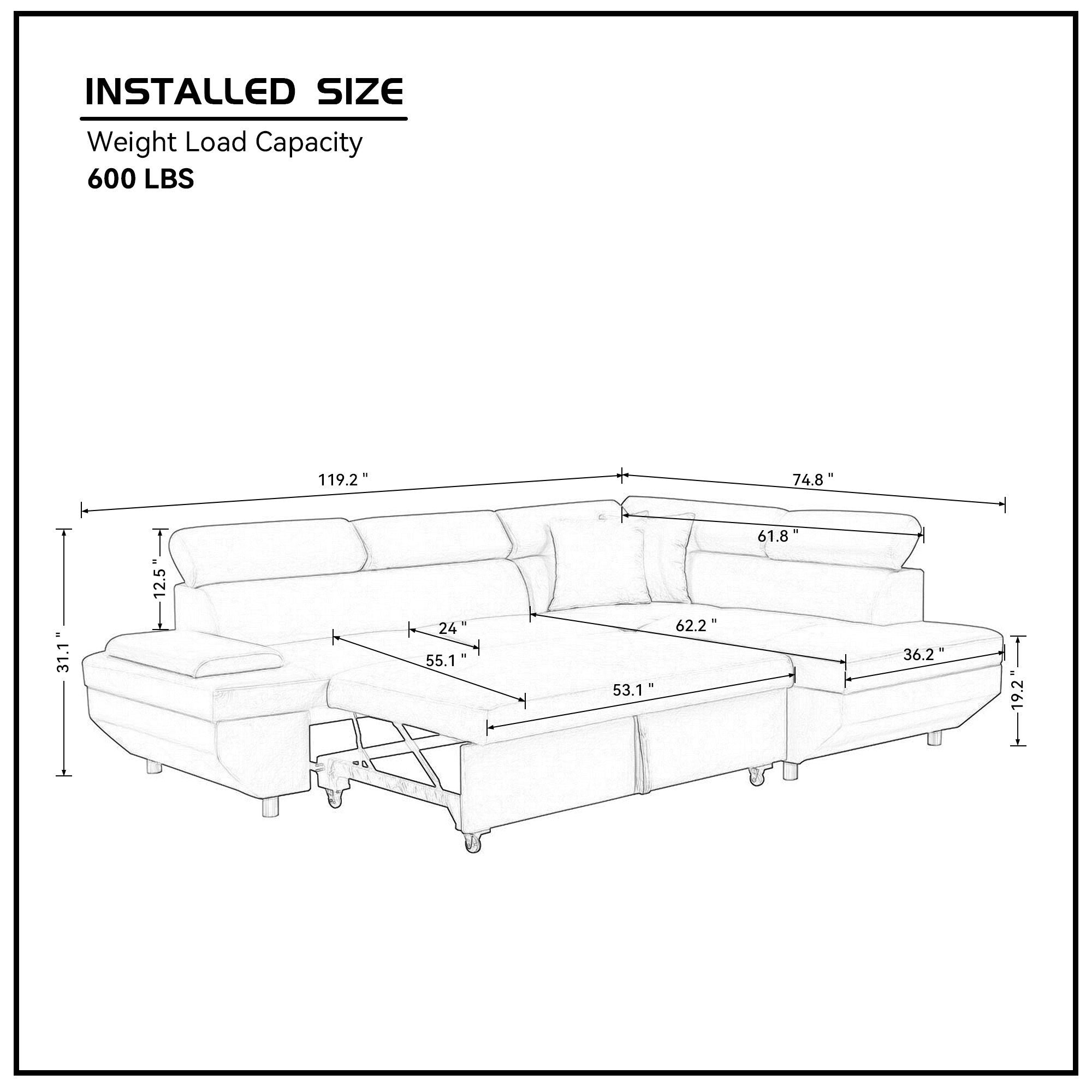 L Shape Sofa, Sleeper Sofa 2 in 1 Pull Out Couch Bed, Right-Facing Pull-out Bed Metal Legs - Velvet Beige