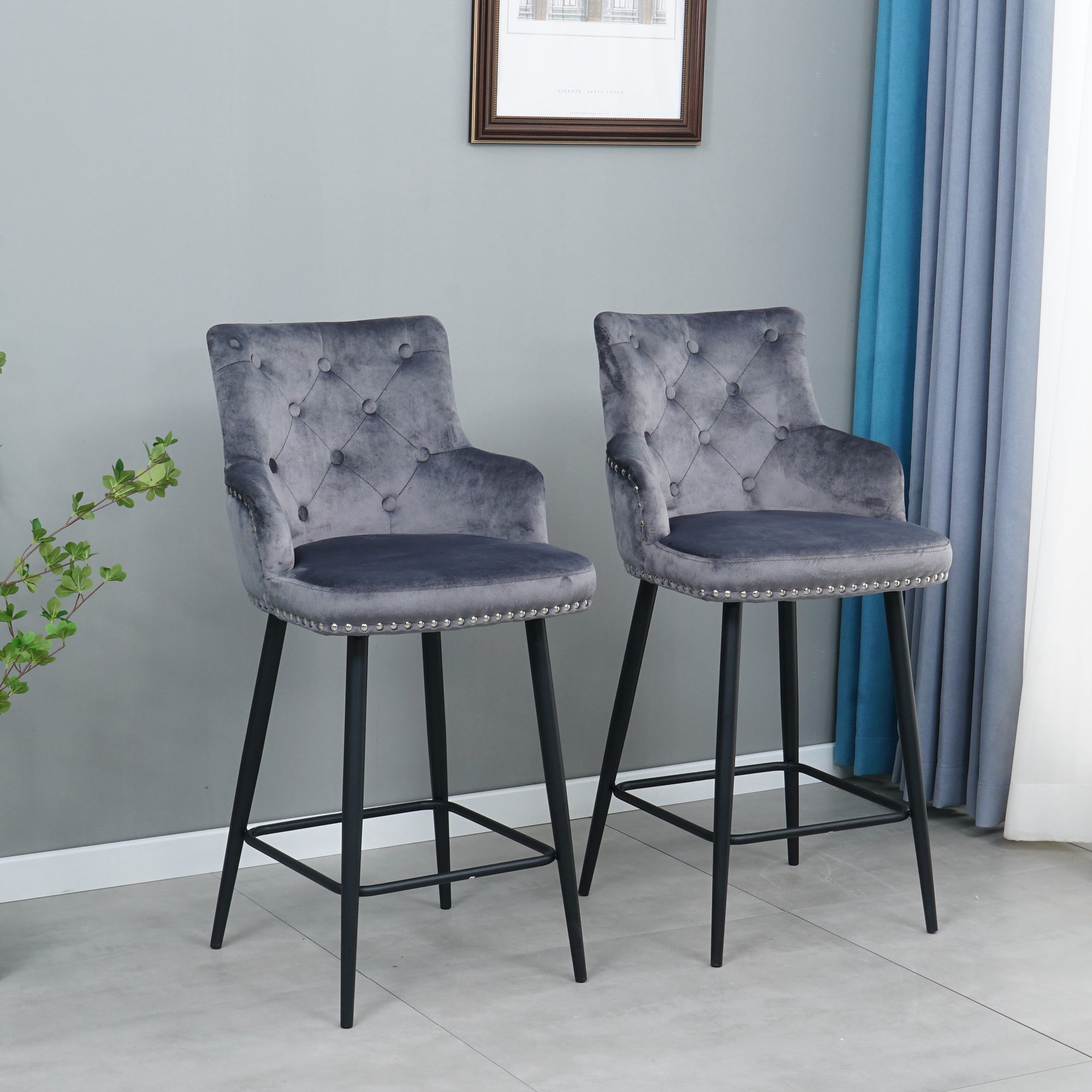 Modern Bar Chair with Armrests and Footrests (Set of 2) - Dark Grey