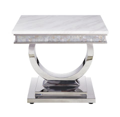 Zander End Table, White Printed Faux Marble & Mirrored Silver Finish