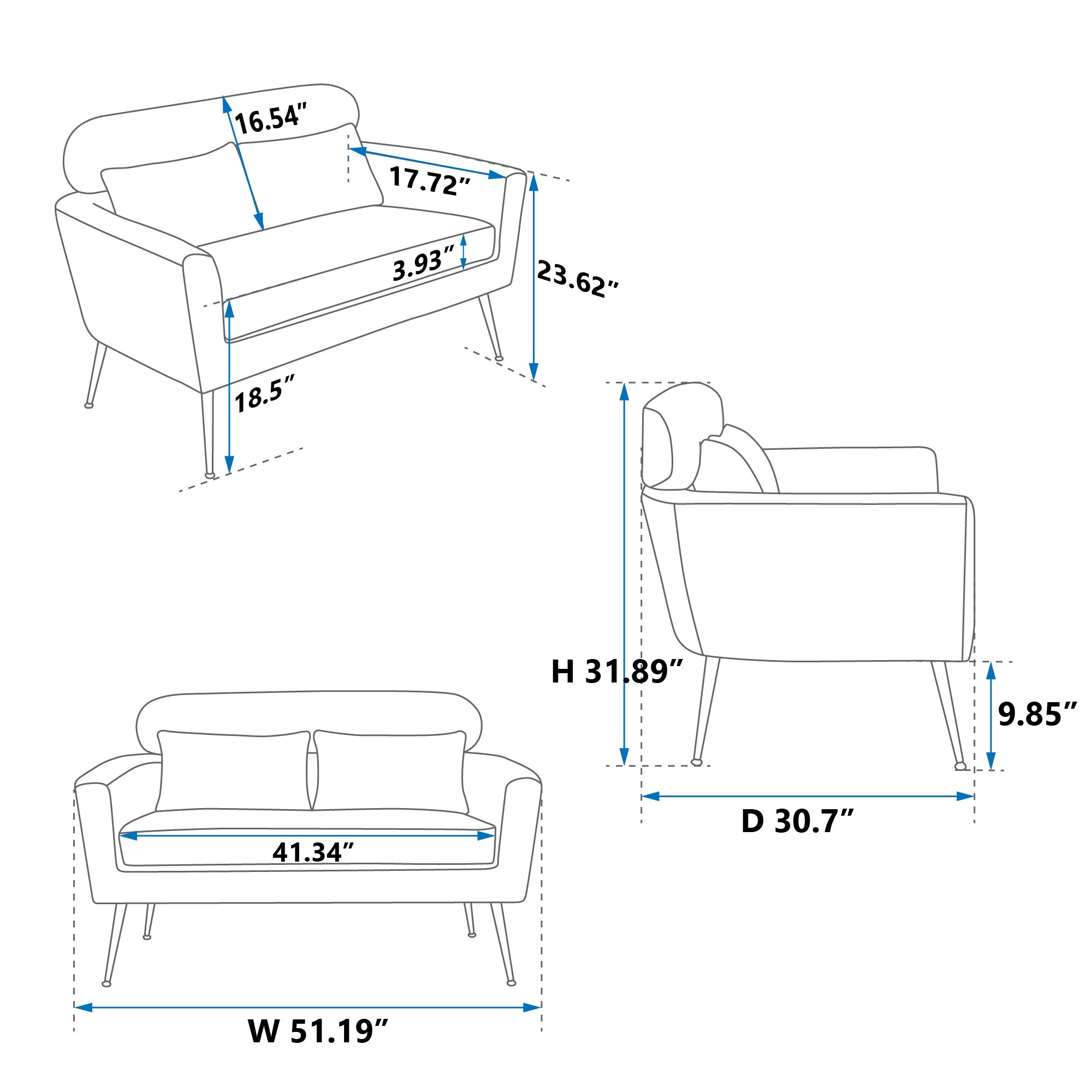 Mini Room Couch Two-Seater Sofa With 2 Throw Pillows Black Metal Legs