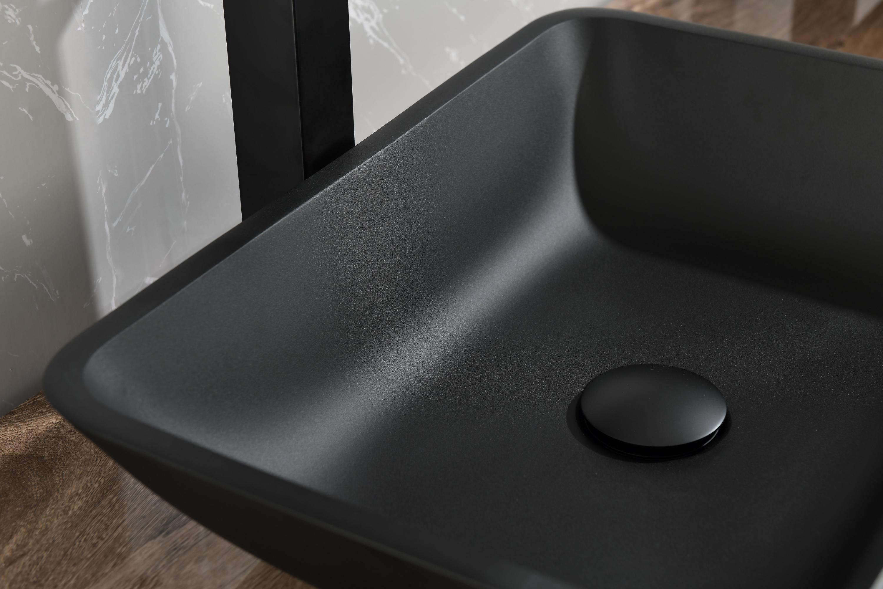 Matte Shell Glass Rectangular Vessel Bathroom Sink in Black with Matte Black Faucet and Pop-Up Drain in Matte Black 13.0" L -18.13" W -4" H