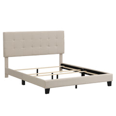 Queen Size Bed with Tufted Headboard, Box Spring Needed - Beige Linen Fabric