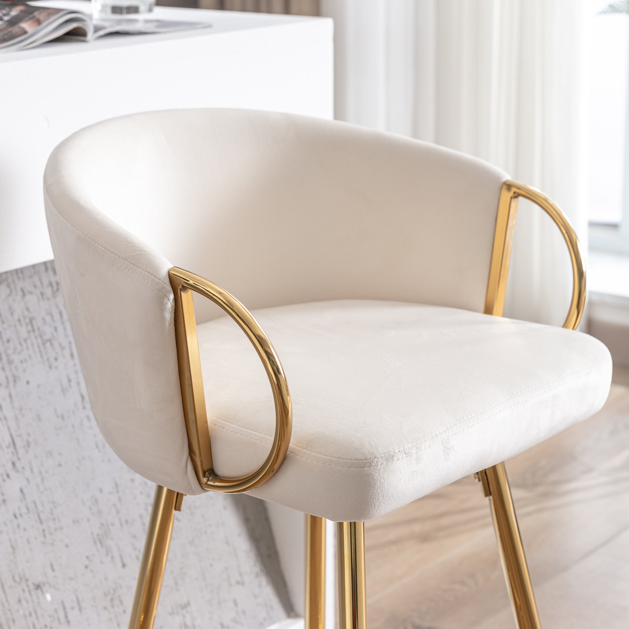 26 Inch Set of 2 Bar Stools, with Chrome Footrest and Base Velvet + Golden Leg Simple Bar Stool - Cream