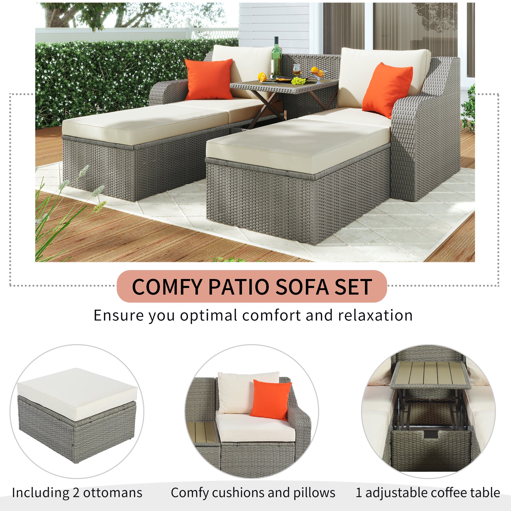 Patio Furniture Sets, 3-Piece Patio Wicker Sofa with  Cushions, Pillows, Ottomans and Lift Top Coffee Table - Beige