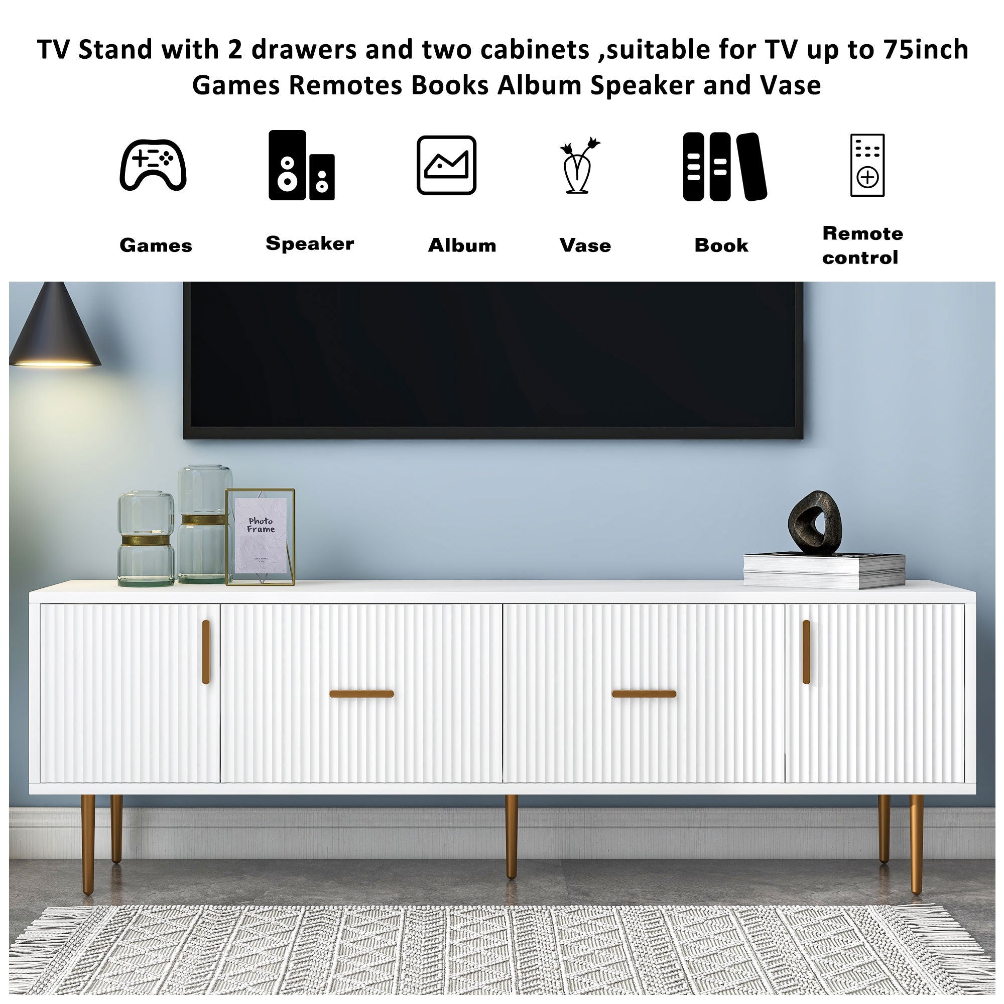 Modern TV Stand with 5 Champagne Legs, TVS Up to 75'' - White