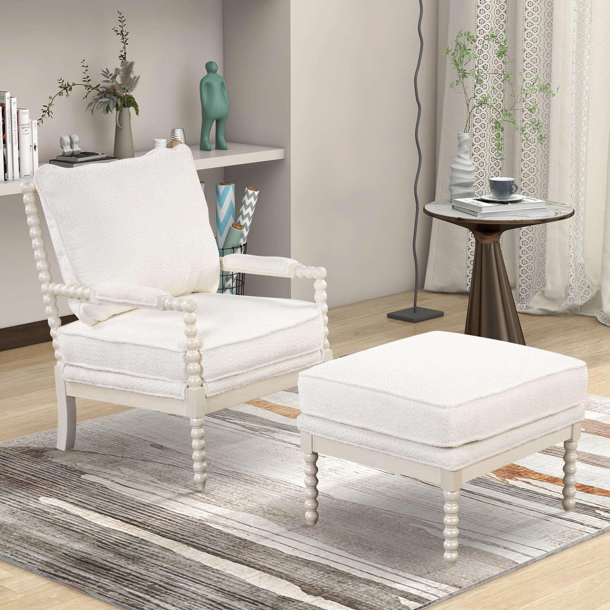 Modern Tufted Velvet Accent Chair with Ottoman - White