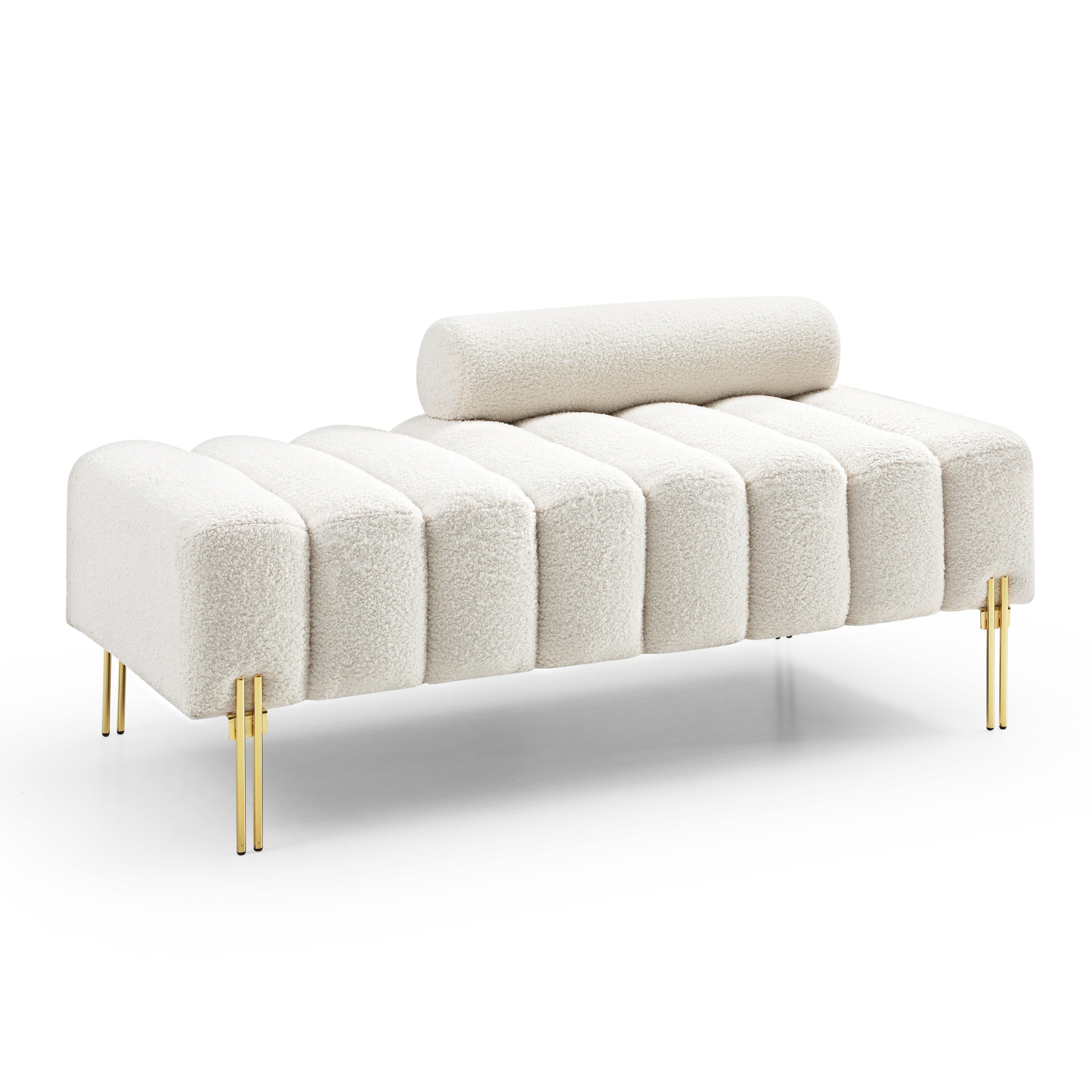 53.2” Width Modern End of Bed Bench Sherpa Fabric Upholstered 2 Seater Sofa Couch Entryway Ottoman Bench Fuzzy Sofa Stool Footrest Window Bench with Gold Metal Legs - Beige