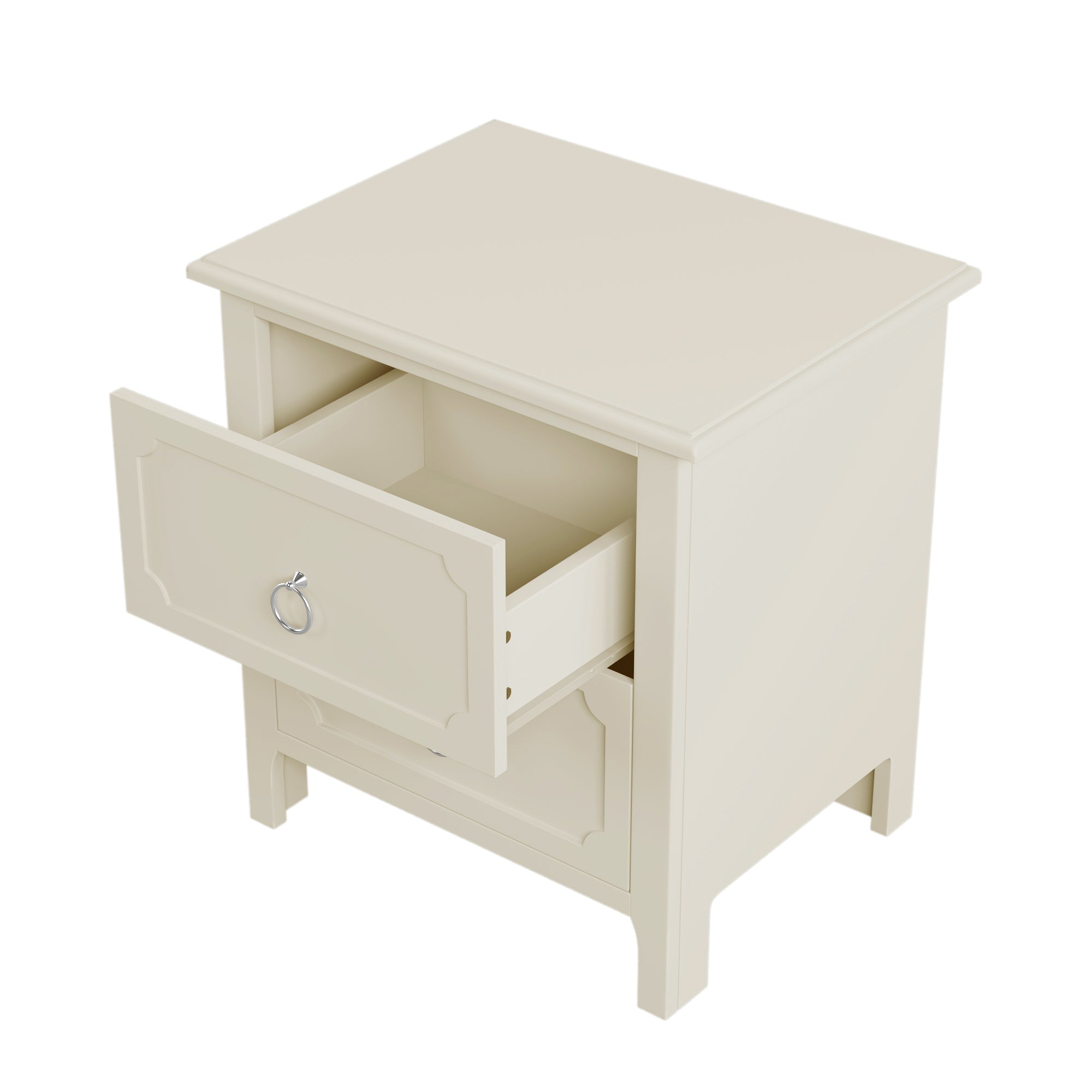 Milky White Rubber Wooden Nightstand Two Drawers Silver Metal Handles