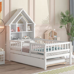 Twin Size DollHouse-Shaped Headboard with Fence Guardrails and Trundle - White