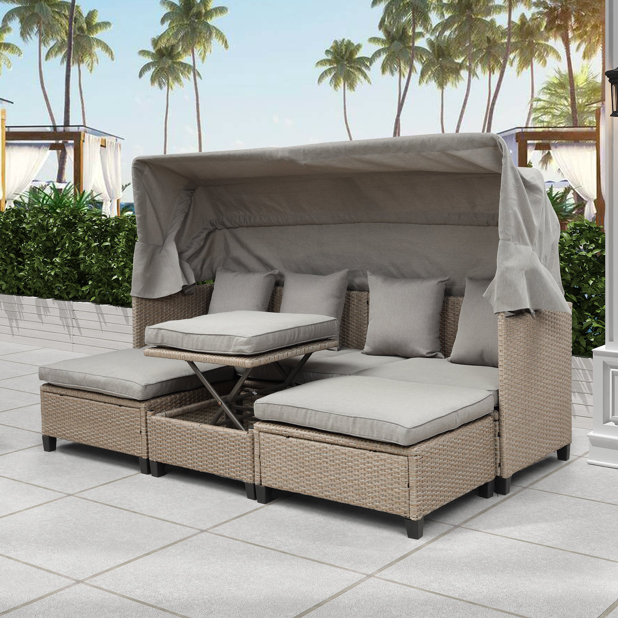 MAICOSY 4pc Patio Furniture Canopy Outdoor Wicker Sofa Sectional Daybed Sunbed