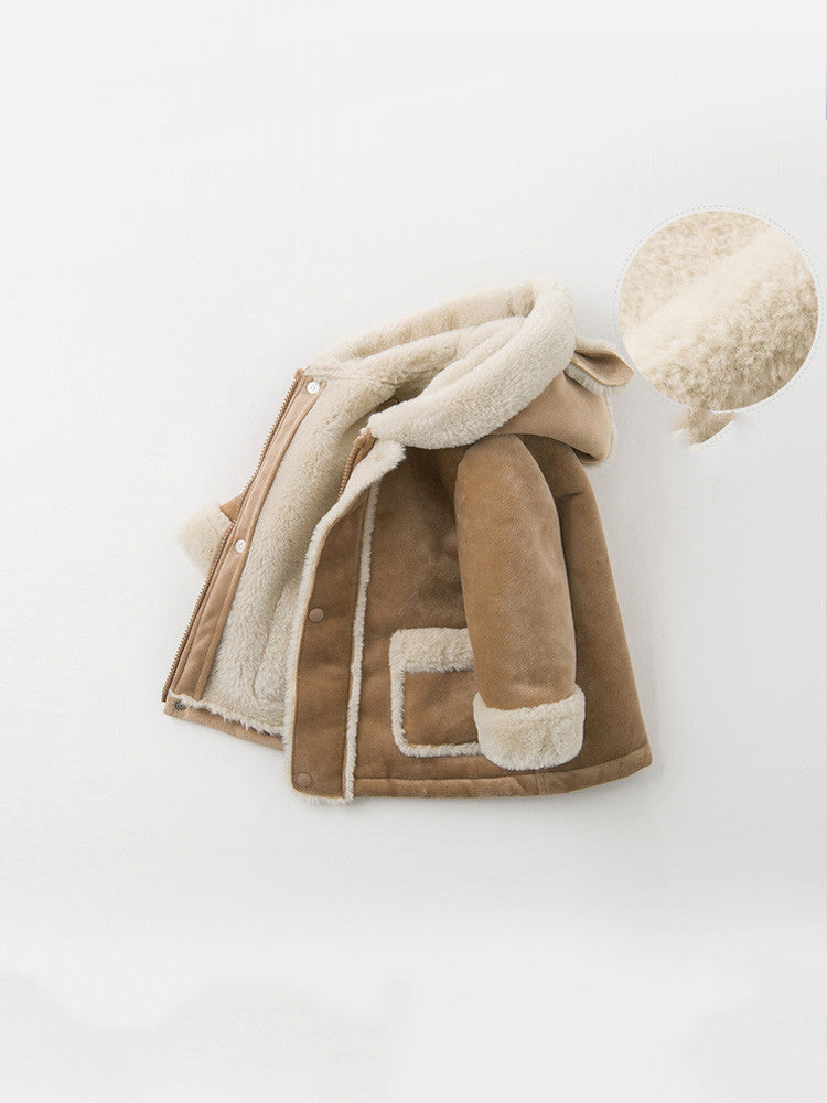 Baby Winter Hooded Coat, Sherpa Lined Faux Suede Jacket - Camel