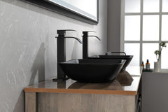 Matte Shell Glass Rectangular Vessel Bathroom Sink in Black with Matte Black Faucet and Pop-Up Drain in Matte Black 13.0" L -18.13" W -4" H