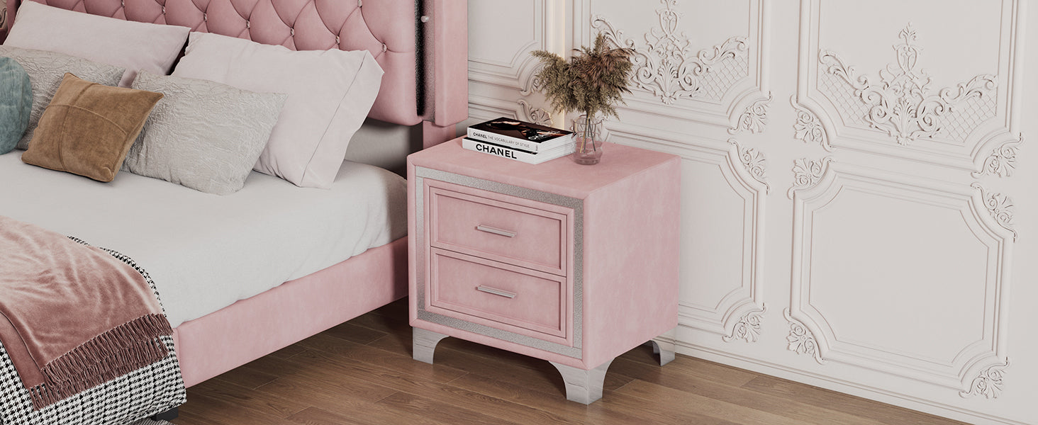 2-Drawer Nightstand with Metal Legs for Bedroom Velvet Bedside Table - Pink