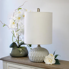 Textured Cement Base Table Lamp with Long White Fabric Drum Shade