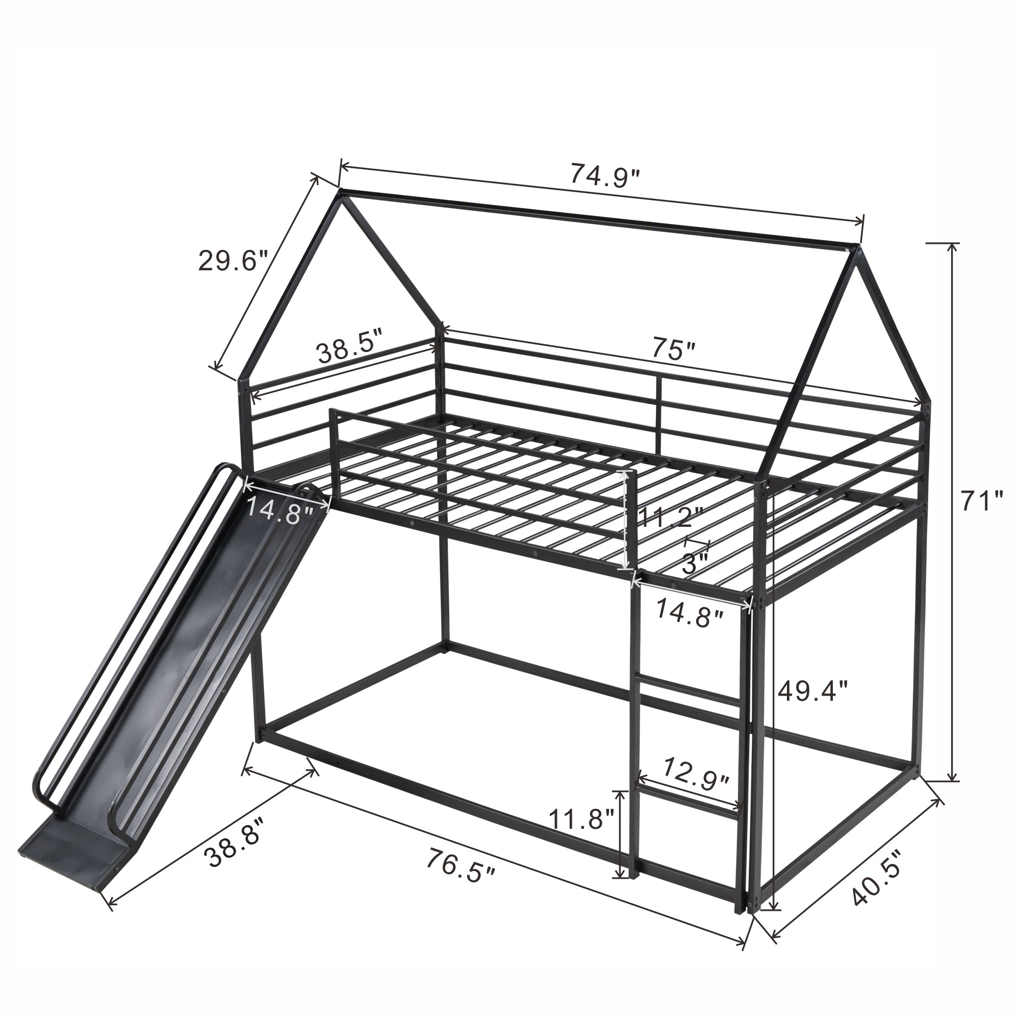 Twin over Twin House Bunk Bed with Ladder and Slide - Black