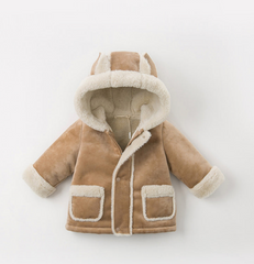 Baby Winter Hooded Coat, Sherpa Lined Faux Suede Jacket - Camel