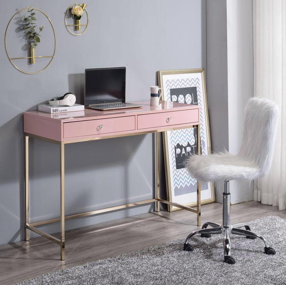 Pink High Gloss & Gold Finish Modern Writing Desk