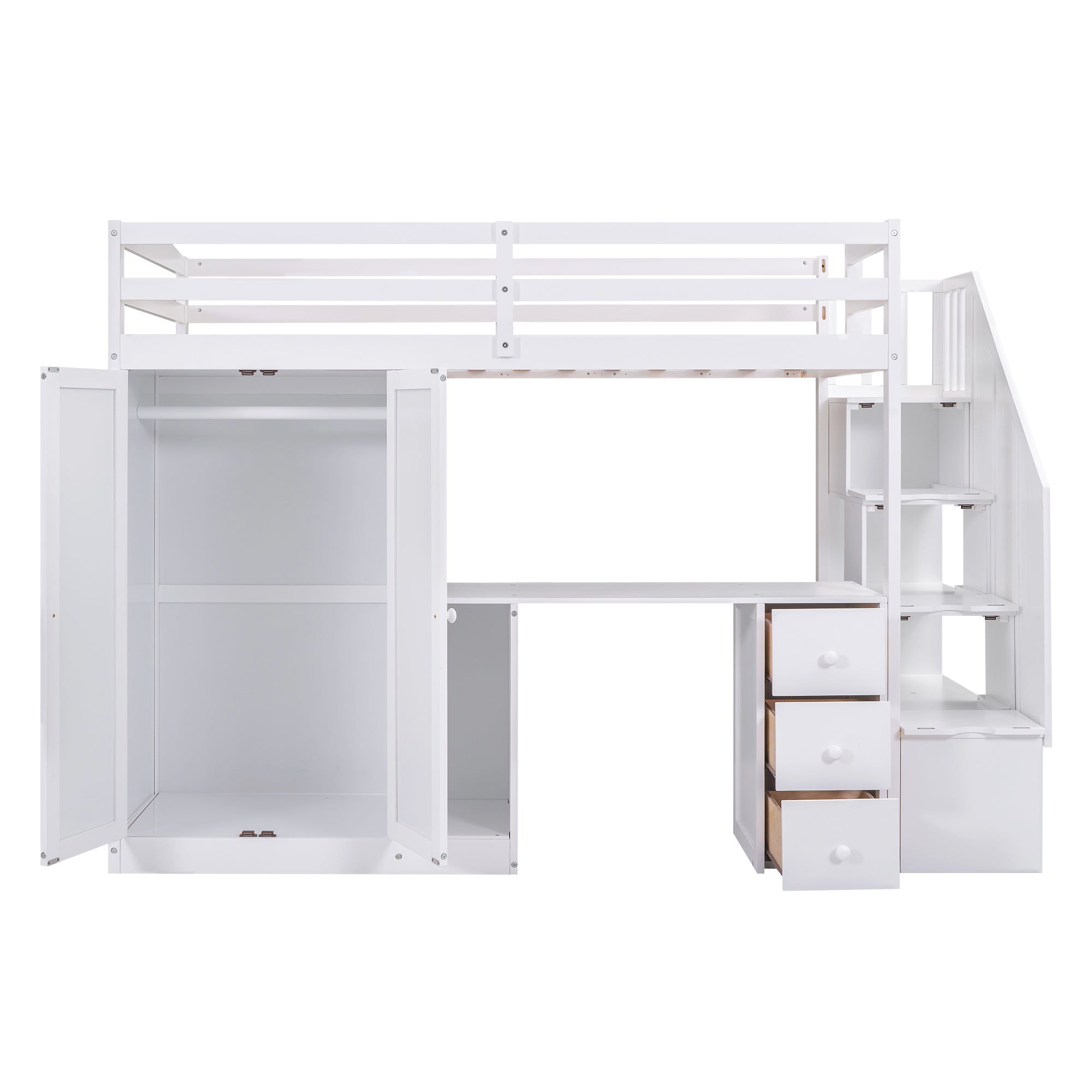 Twin Size Loft Bed with Wardrobe and Staircase - White